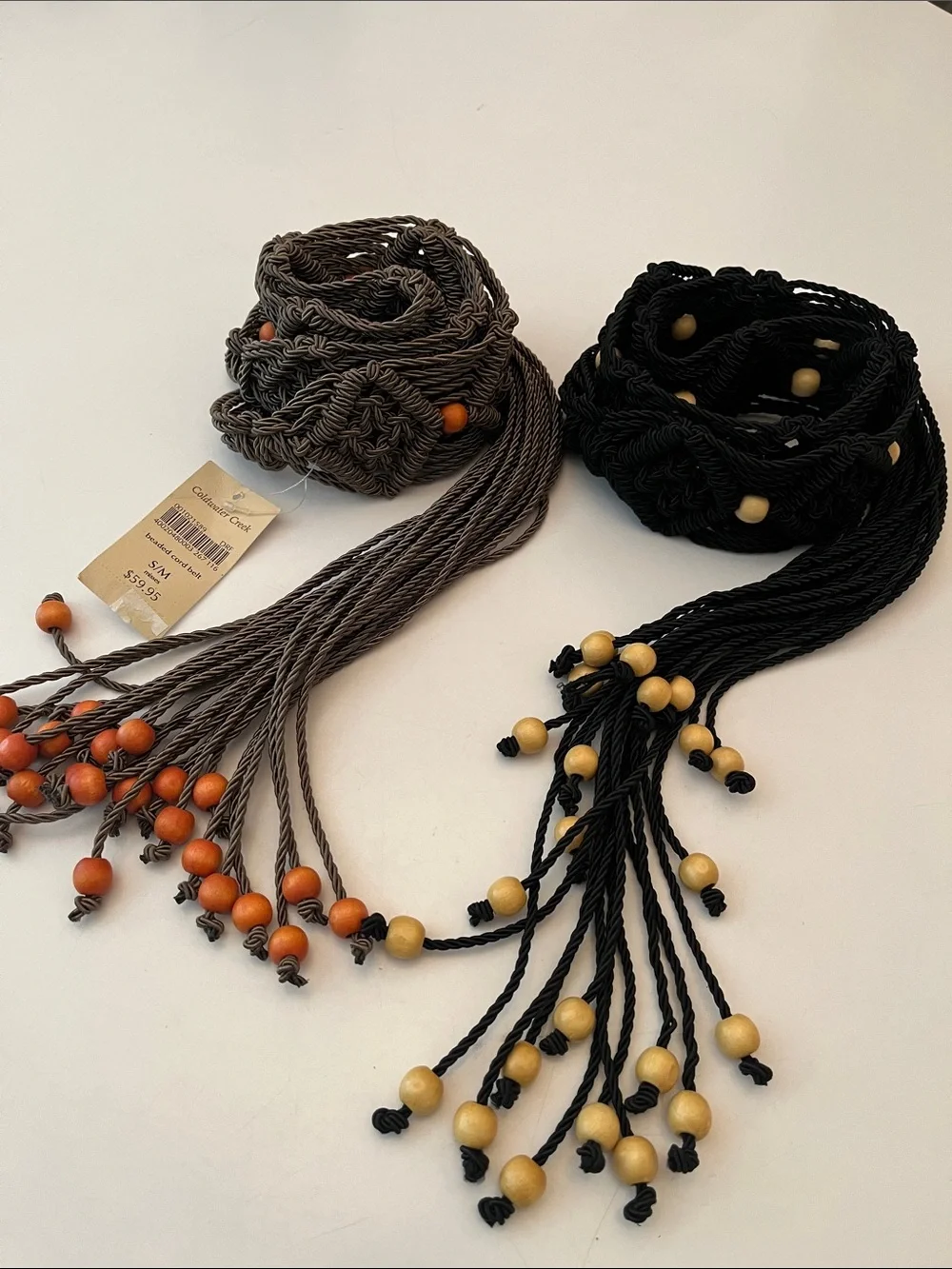2 Macrame Beaded Belts, size S/M by Coldwater Creek, black and brown